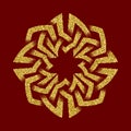 Golden glittering logo template in Celtic knots style on dark red background. Symbol in octagon maze form